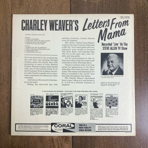 Charley Weaver's Letters from Mama 1968‎ Live from Steve Allen TV show RECORD - Picture 2 of 7